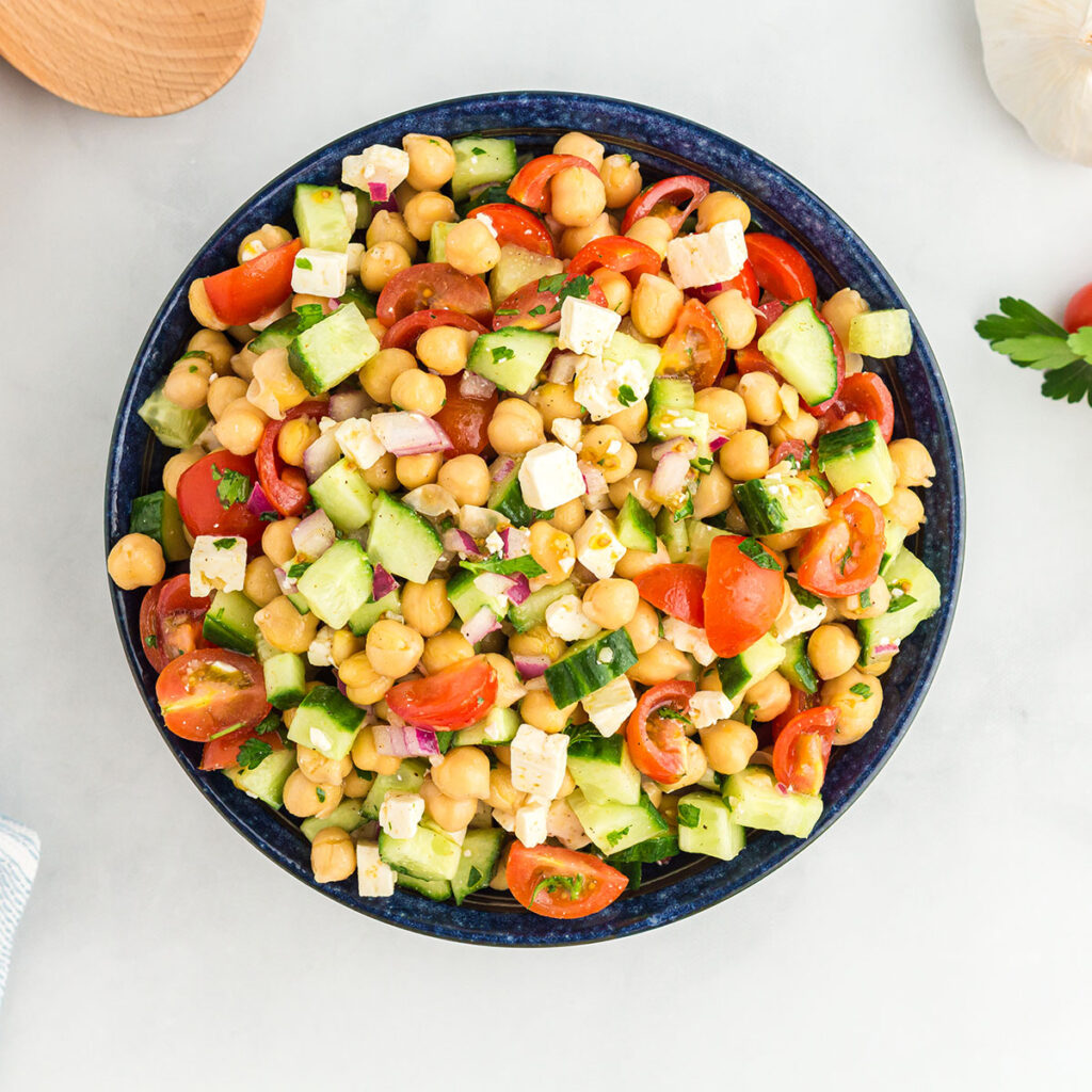 Chickpea Salad in a large black bowl.