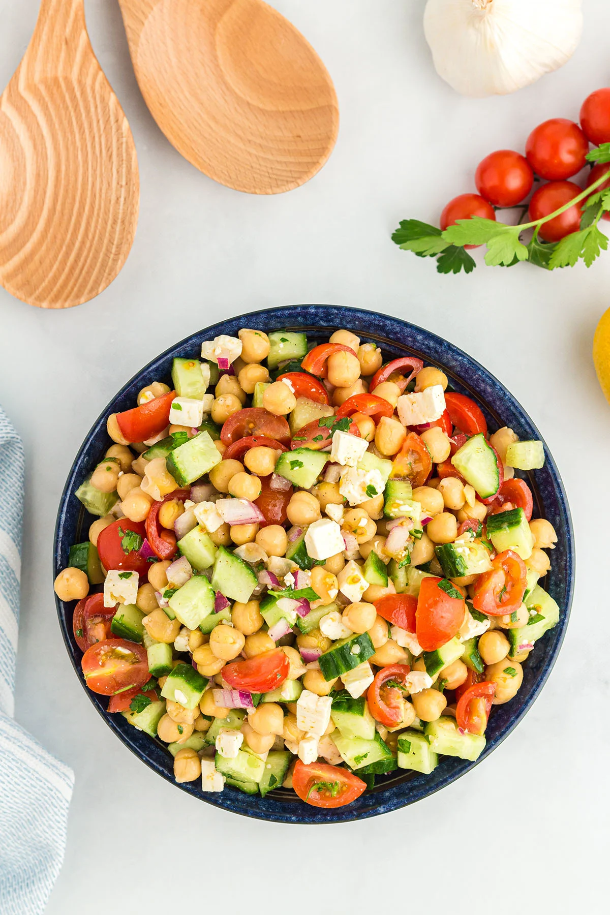 A large bowl filled with Chickpea Salad.