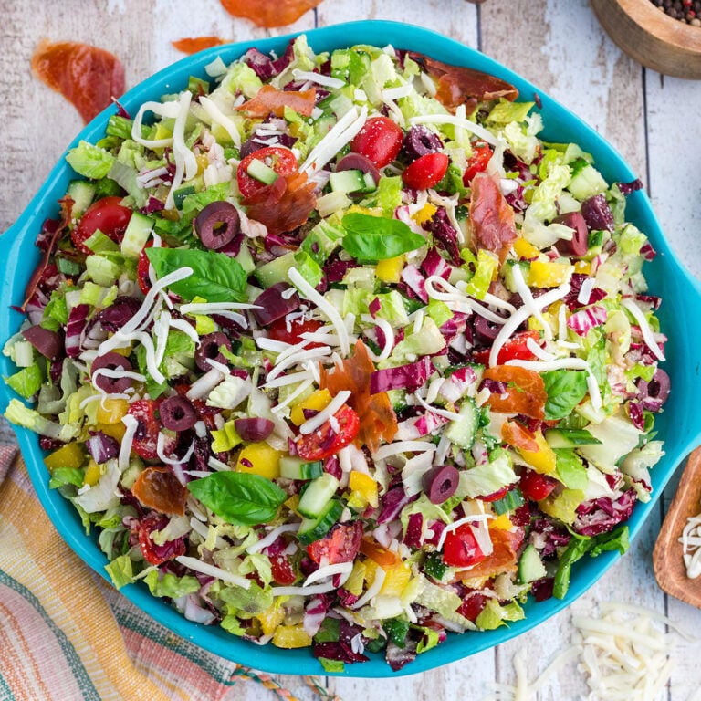 Chopped Italian Salad in a large blue serving bowl.