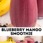 Blueberry Mango Smoothie served in a glass with a blue straw.