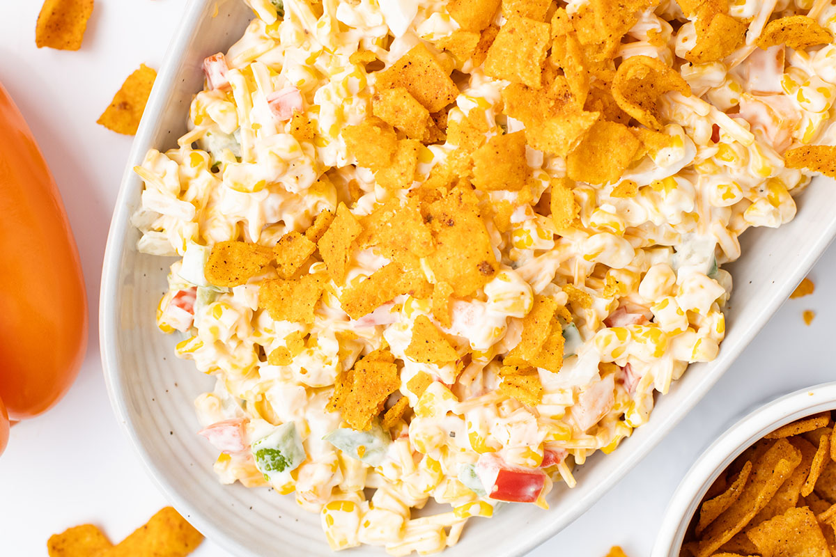 Frito Corn Salad topped with Chili Cheese Fritos.
