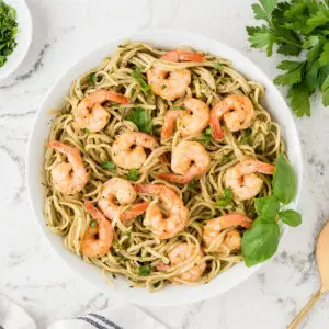 Shrimp Pesto Pasta in a white bowl.