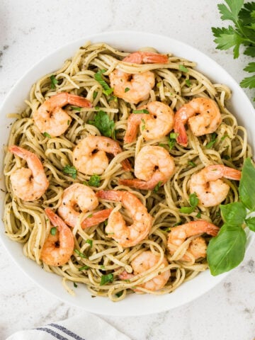 Shrimp Pesto Pasta in a white bowl.