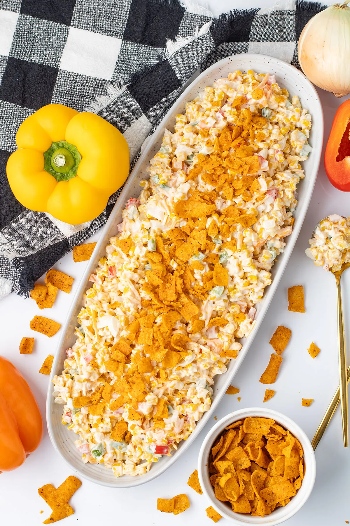 Frito Corn Salad in a white serving platter.
