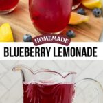 Blueberry Lemonade in a pitcher and a glass with a straw and a slice of lemon.