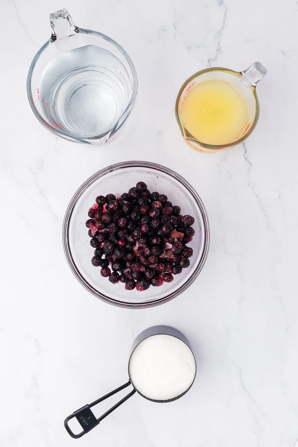 Ingredients to make Blueberry Lemonade set out on the counter.