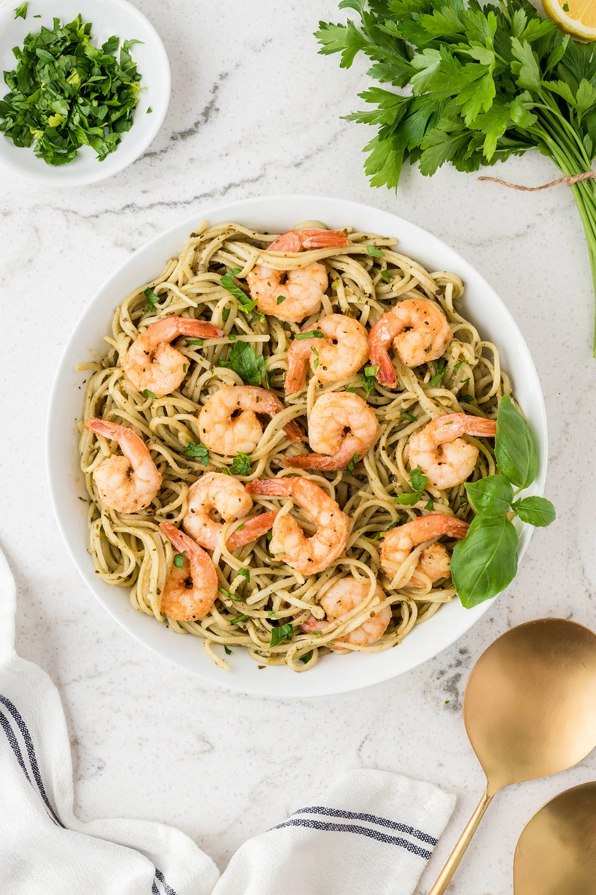 Shrimp Pesto Pasta in a white bowl.