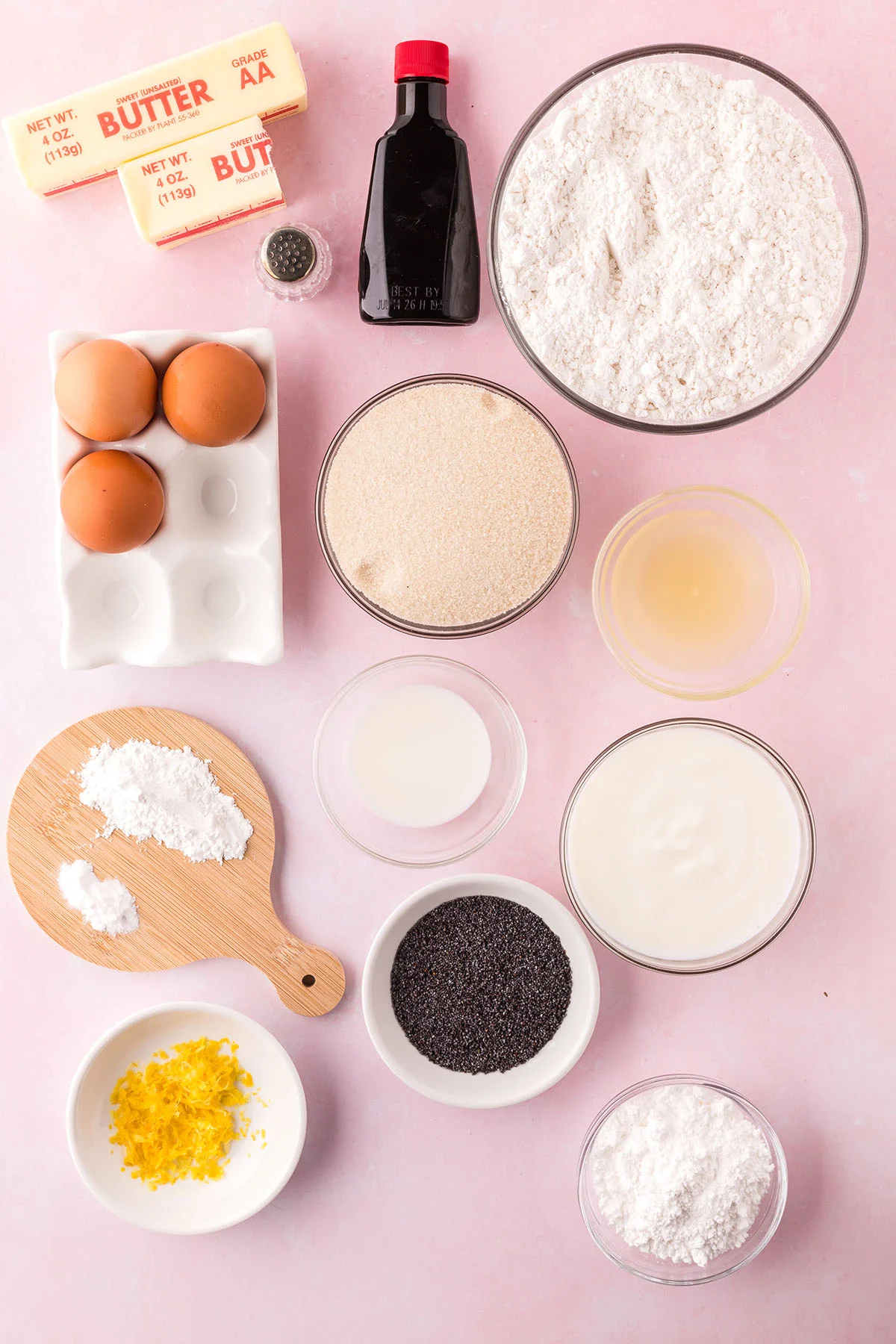 Ingredients to make Lemon Poppy Seed Bread are set out on the counter.