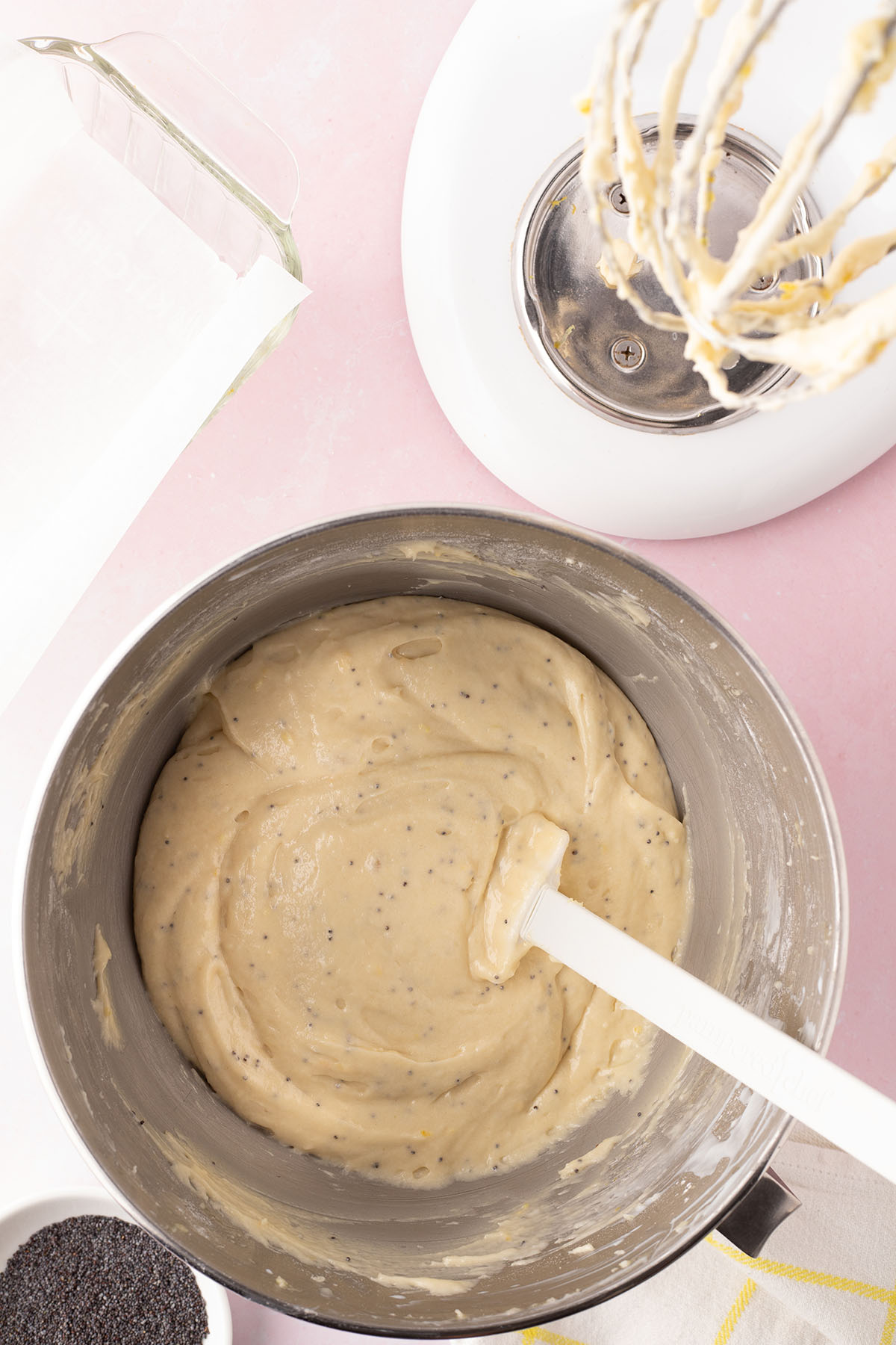 The Lemon Poppy Seed Bread batter was stirred together in a bowl.