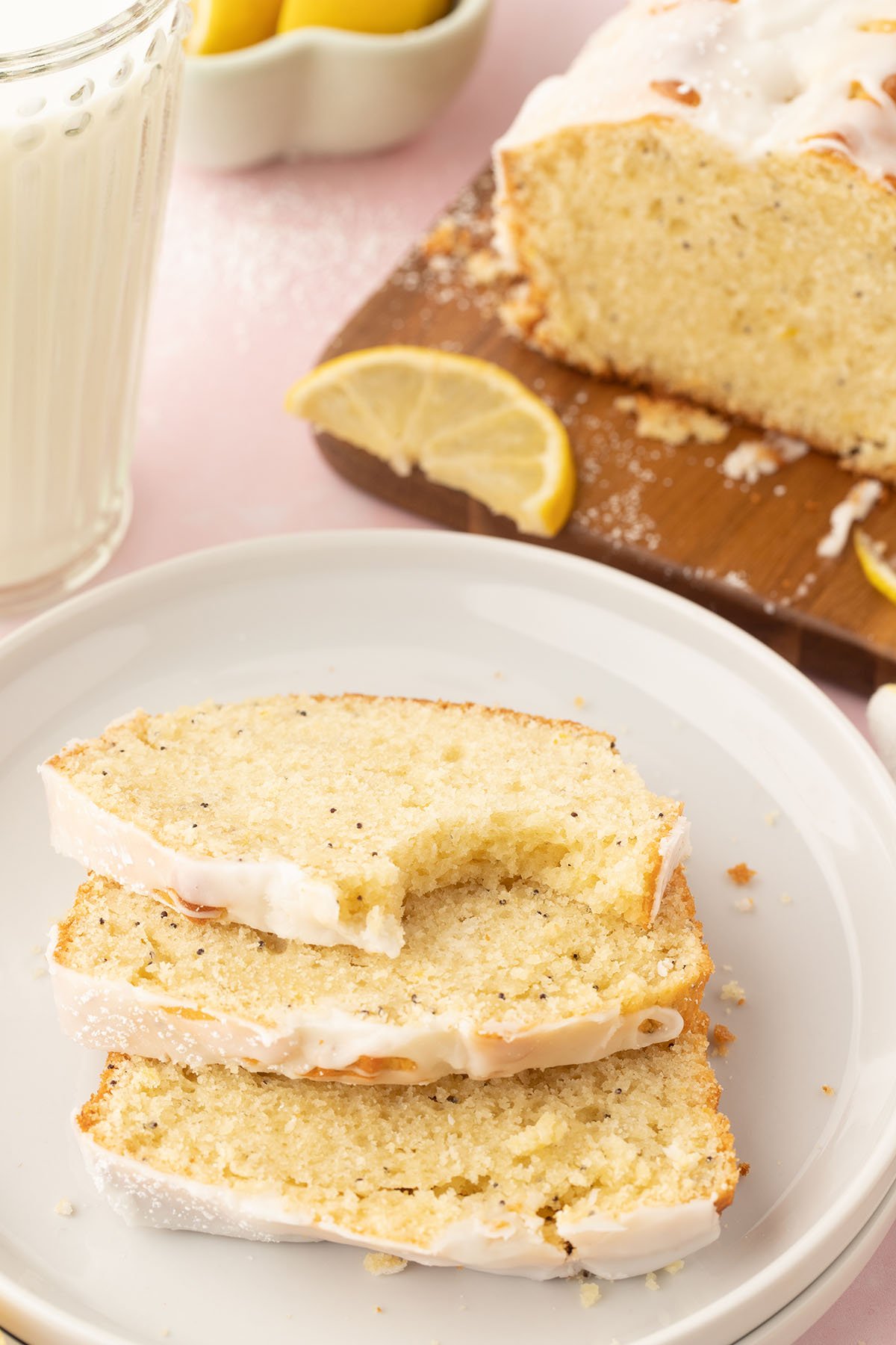 Lemon Poppy Seed Bread slices on a plate.