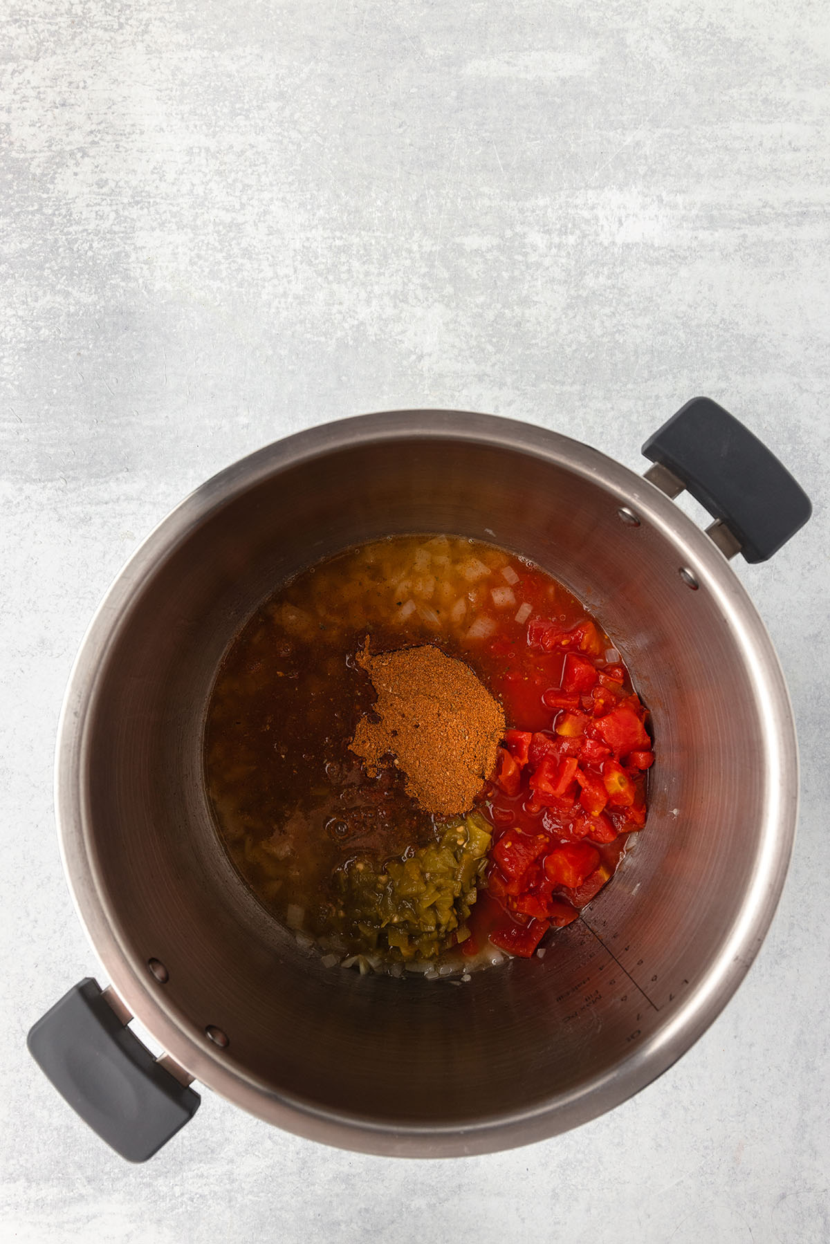 Diced tomatoes, green chiles, taco seasoning, onions, garlic, and chicken broth in the Instant Pot.