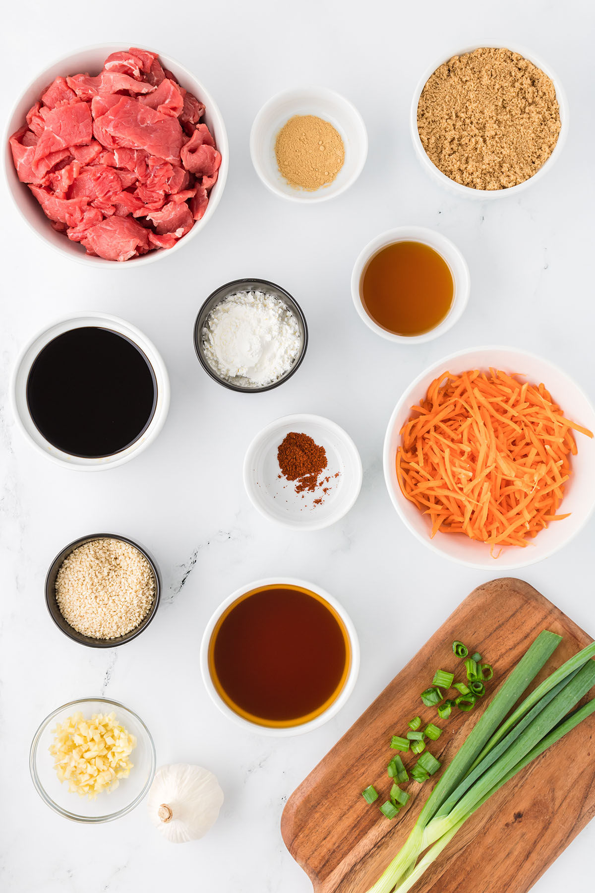 Ingredients to make Mongolian beef set out on the counter.
