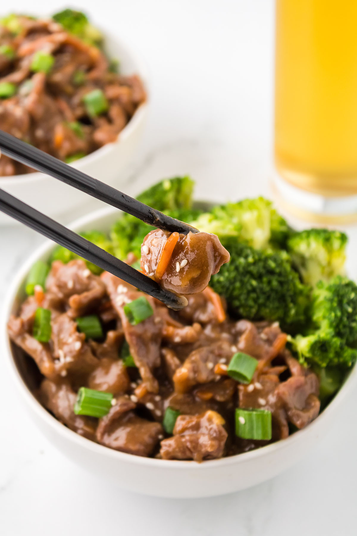 Mongolian Beef served in a bowl with broccoli.