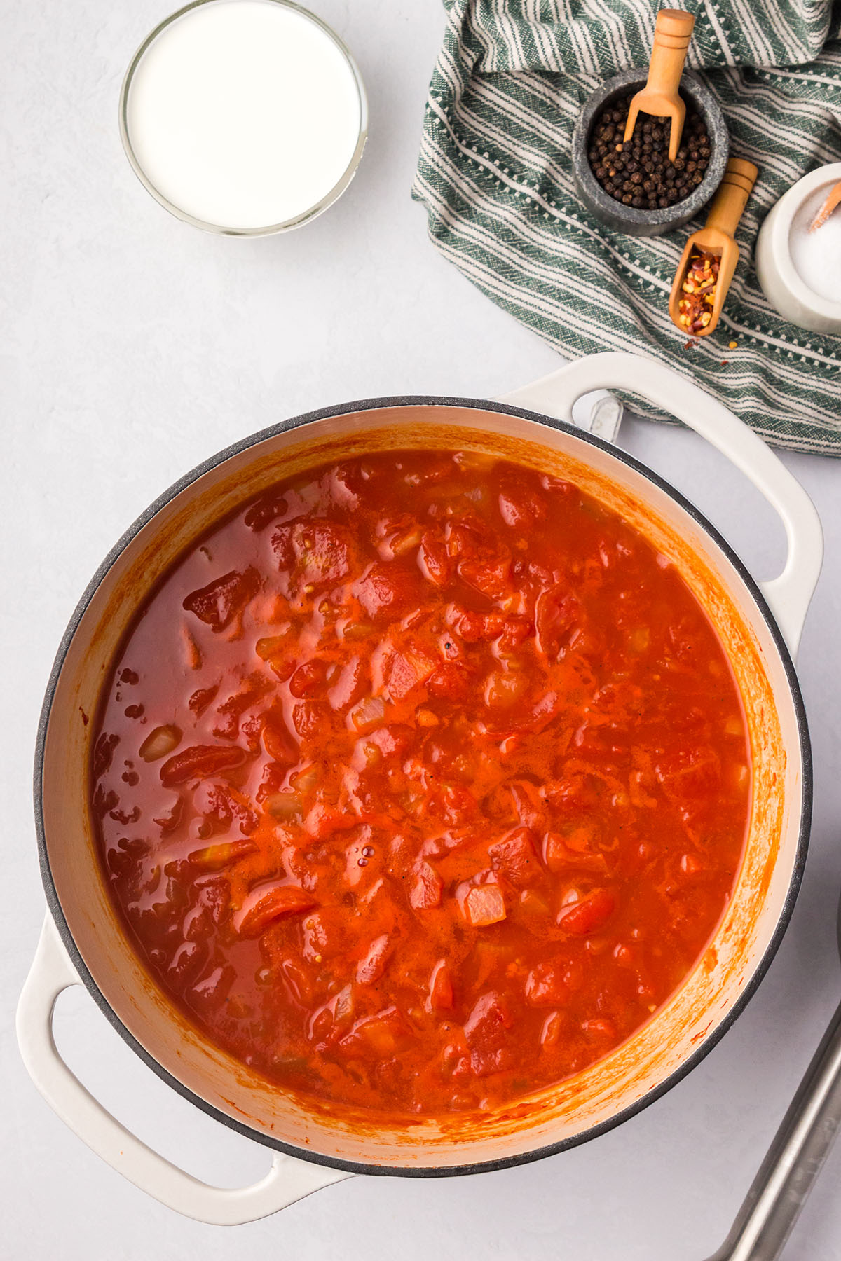 Chopped tomatoes, onions, garlic, and vegetable broth are added to the large pot.