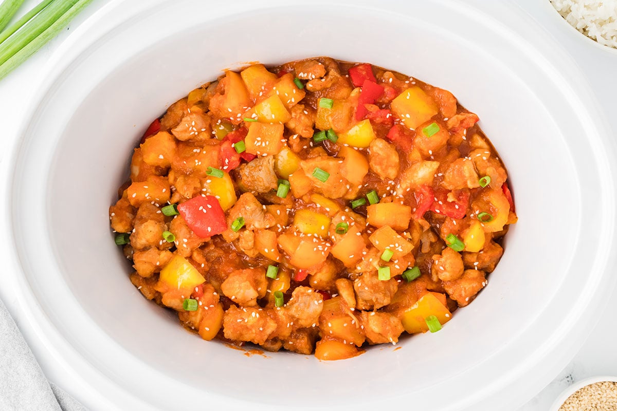 Sweet and sour chicken in the slow cooker.