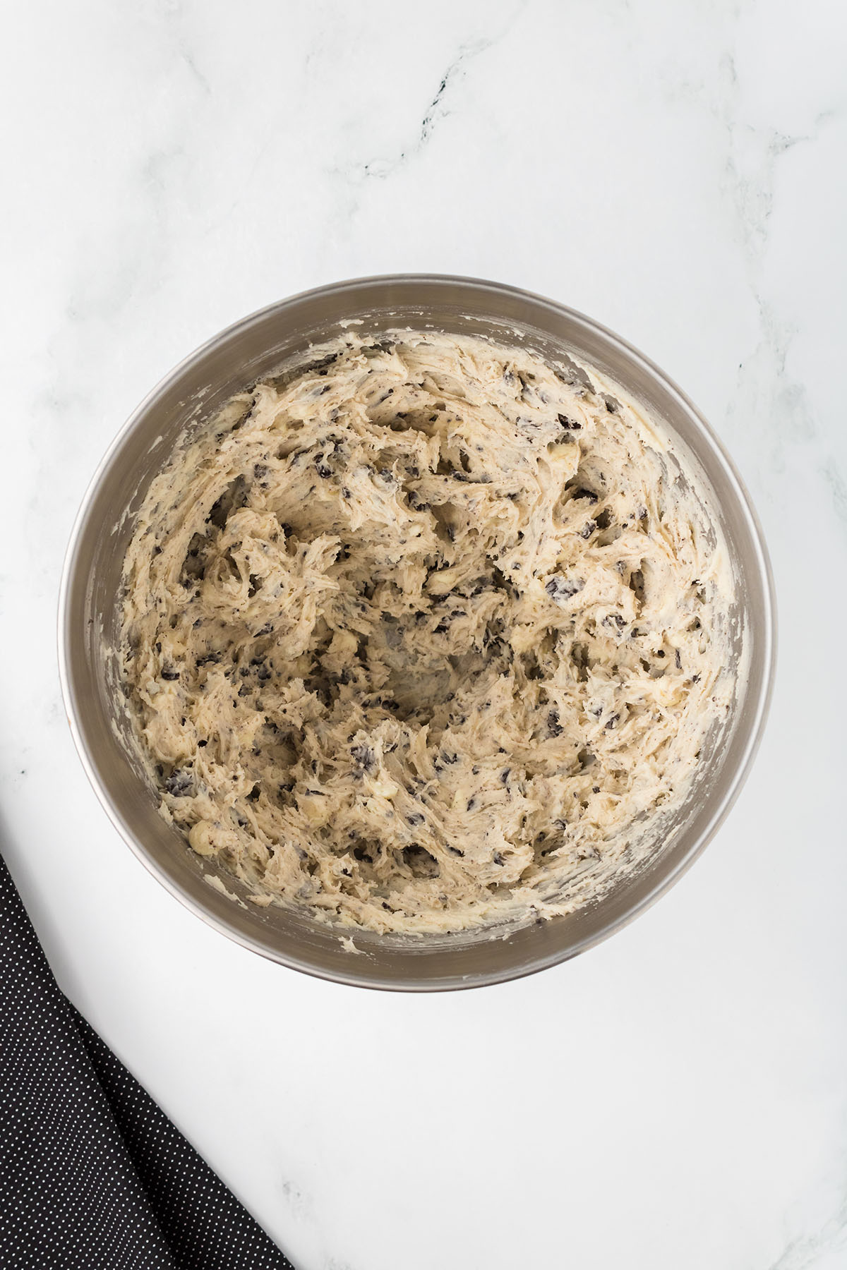 Cookie dough in the mixing bowl.