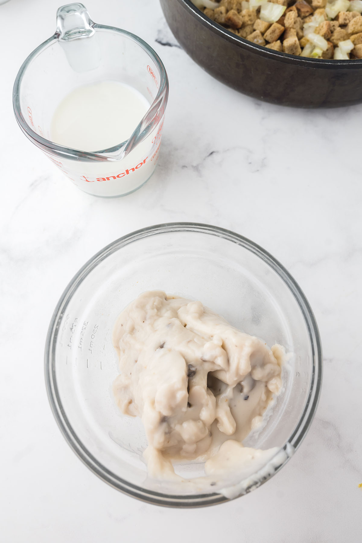 Cream of mushroom soup in a mixing bowl.