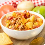 Cowboy Soup served in a white bowl.