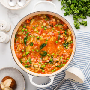 Vegetable orzo soup in a large pot.