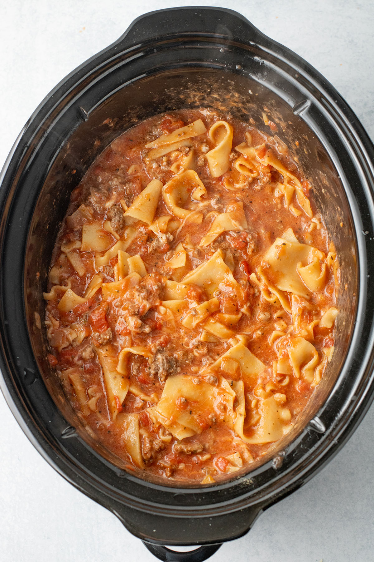 Lasagna soup in the slow cooker.